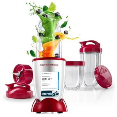 Abbildung von GOURMETmaxx Mr. Magic Power Pro Mixer 400 Watt Smoothie Maker mit to go Deckel Standmixer Mixbecher &amp; Frischhaltedeckel zum Aufbewahren Blender Zubehörset L für Shakes, Smoothies etc.
