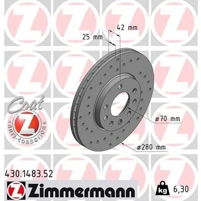 Abbildung von ZIMMERMANN SPORT COAT Z 430.1483.52 Bremsscheibe 280 25 8/5 5 110 innenbelüftet, gelocht beschichtet hochgekohlt OPEL: Meriva B, Astra G Cabrio