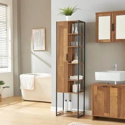 Abbildung von [en.casa] Hochschrank Namsskogan Badezimmerschrank schmaler Badschrank Aufbewahrungsschrank Beistellschrank Badregal 165x42,5x30cm Walnussoptik