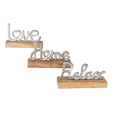 Abbildung von Levandeo® Deko Schriftzug, 3er Set Schriftzug Love Home Relax Silber Mango Holz Metall