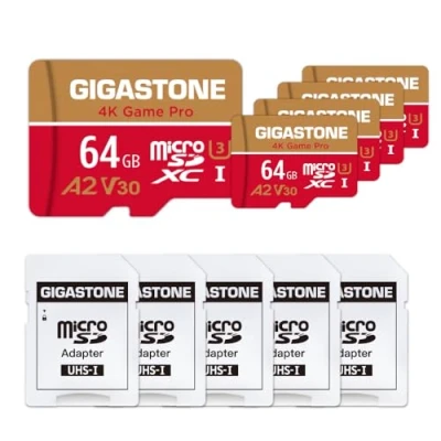 Abbildung von Gigastone 4K Game Pro 64GB MicroSDXC Speicherkarte 5er Pack und SD Adapter mit A2 App Leistung bis zu 95MB/s für Videoaufnahme, Kompatibel Switch, Micro Karte UHS I U3 V30 Klasse 10