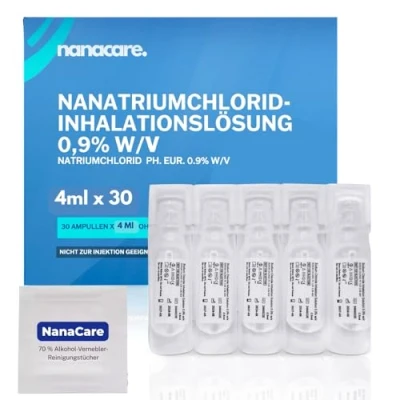 Abbildung von NanaCare Steril Nacl 0,9 Kochsalzlösung zum inhalieren 30 Ampullen á 2,5ml Inhalationslösung Geeignet für inhalationsgerät Kinder, Inhaliergeräte erwachsene, Vernebler inhaliergerät, Inhalator