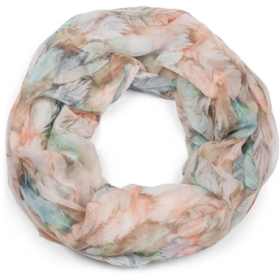 Abbildung von styleBREAKER Damen Loop Schal mit buntem Feder Muster, leichter sommerlicher Boho Schlauchschal mehrfarbig 01016239, Farbe:Beige Türkis