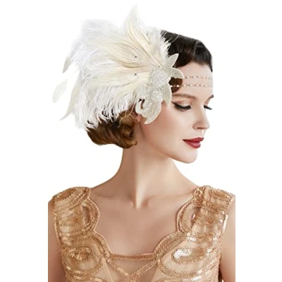 Abbildung von BABEYOND 1920s Stirnband Feder Damen 20er Jahre Stil Charleston Haarband Great Gatsby Fasching Kostüm Accessoires Weiß