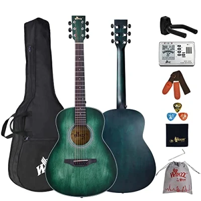 Abbildung von Winzz Akustik Gitarre 3/4 Kinder, Kleine Westerngitarre für Anfänger Erwachsene mit Multifunktionales Metronom, Blau grün Reisegitarre Set 36 Zoll