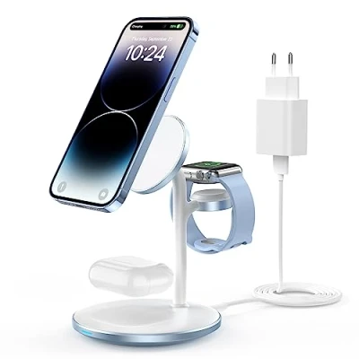 Abbildung von 3 in 1 Induktive Ladestation,Kabellos Ladestation,Wireless Charger Kompatibel mit Mag Safe Ladegerät,iWatch Ultra/8/7 für iPhone 15 14 13 12 Pro Max Plus,Blue