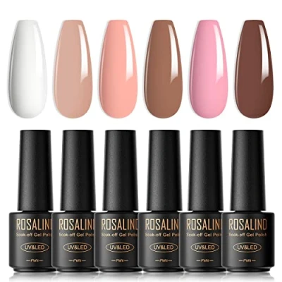 Abbildung von ROSALIND UV Nagellack, 6 Farben Mini Gel Nagellack Set Weiß Nackt Hellrosa Rosa Braun Shellac Soak Off LED Nail Polish French Manicure für Frauen Mutter Geschenkset