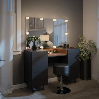 Abbildung von Vicco Schminktisch Anika, Anthrazit/Nussbaum, 120 cm mit LED Beleuchtung und Hocker