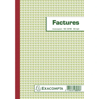 Abbildung von Exacompta 3279AE 1 Manifold FACTURES mit MwSt. Vermerk 50 nummerierte und selbstdurchschreibende Blätter in 3 Exemplaren (1 Original + 2 Kopien) Format 210 x148 mm hergestellt Frankreich