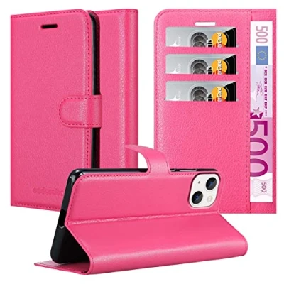 Abbildung von Cadorabo Hülle kompatibel mit Apple iPhone 14 PLUS Handyhülle aus Premium Kunst Leder Flip Klappbare Stoßfeste Magnetische [Standfunktion] [Kartenfächern] Cover für Tasche in Pink