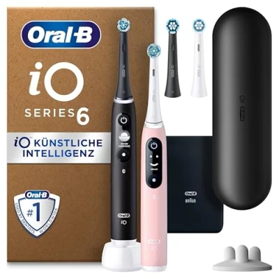 Abbildung von Oral B iO Series 6 Plus Edition Duopack Elektrische Zahnbürste, Reiseetui, recycelbare Verpackung, Black Lava/Pink Sand