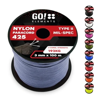 Abbildung von GO!elements 100m Paracord Seil aus reißfestem Nylon 3mm 425 Typ II max. 192kg Schnüre als Outdoor Seil, Allzweckseil, Survival Armband, Hundeleine, Nylonschnur, Farbe: Grau Blau