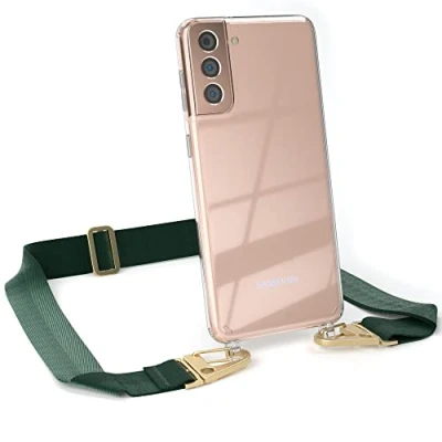 Abbildung von EAZY CASE Hülle mit Band kompatibel Samsung Galaxy S21 Plus 5G Handyhülle Umhängeband für S21+ Silikonhülle Transparent Schutzhülle Handykette zum Umhängen Handykordel in Grün Gold