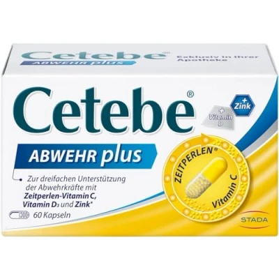 Abbildung von CETEBE Abwehr plus Nahrungsergänzungsmittel zur dreifachen Unterstützung der Abwehrkräfte mit ZEITPERLEN Vitamin C, D und Zink 1 x 60 Kapseln