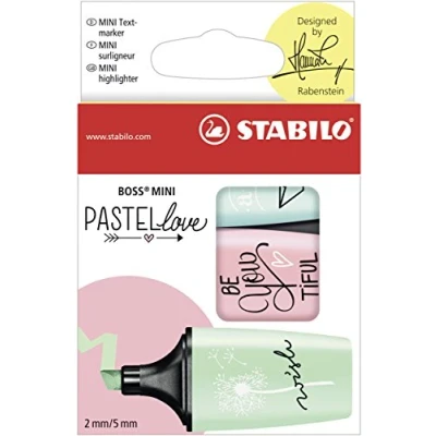 Abbildung von Textmarker STABILO BOSS MINI Pastellove 3er Pack zartes Türkis, rosiges Rouge, Hauch von Minzgrün