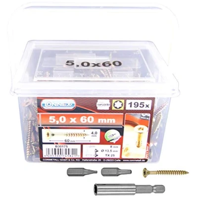 Abbildung von Connex Universalschrauben 5,0 x 60 mm 195 Stück im Set Senkkopf TX Antrieb Teilgewinde Gelb verzinkt Inkl. Magnethalter &amp; 2 Bits / Schrauben Eimer B30175, Silber