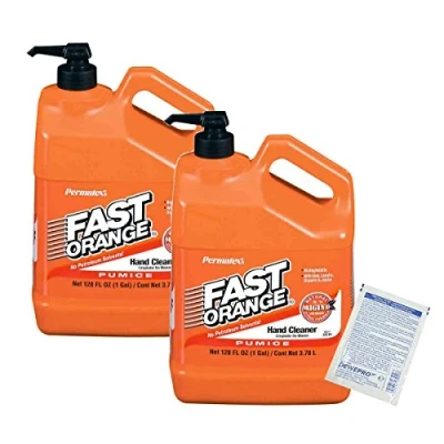 Abbildung von 2er Set Permatex Fast Orange: Kanister 3,78 Liter mit Pumpe die perfekte Handreinigung inkl. 2 St. DEWEPRO SingleScrubs