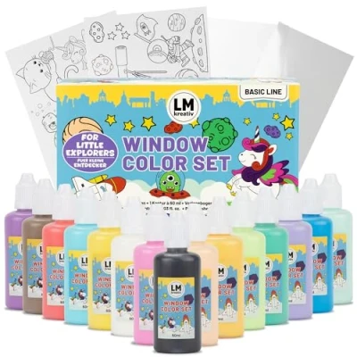 Abbildung von LM Kreativ Window Color Set Kleine Entdecker, 15 Fenstermalfarben á 60 ml, inklusive Konturenfarbe Schwarz, 14 fantasievolle Vorlagen, für kreative Fensterbilder und Bastelspaß
