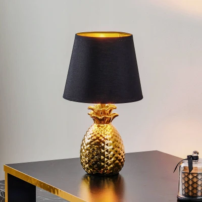 Abbildung von TRIO Leuchten Schreibtischlampe Pineapple, ohne Leuchtmittel, Ananas Form gold, Stoffschirm schwarz/gold, Leuchtmittel wechselbar