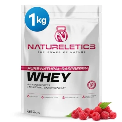 Abbildung von NATURELETICS HIMBEERE 1kg Natürliches Premium Whey Protein aus Deutschland ohne Zusatz von Zucker, Süßstoffe, Aspartam &amp; Sucralose kohlenhydratarm 22,6 % BCAA reines Eiweißpulver