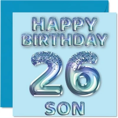Abbildung von Stuff4 Geburtstagskarte zum 26. Geburtstag für Sohn, blaue Glitzer Party Luftballons, Happy Birthday Karten den von Mama Papa Eltern, 145 mm x