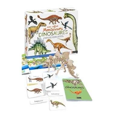 Abbildung von Mon coffret Montessori des dinosaures: Avec 1 squelette en bois à assembler, grande frise, 60 cartes classifiées, 20 grandes fiches et livret