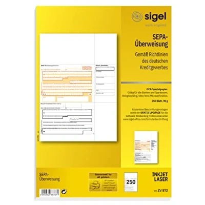 Abbildung von SIGEL ZV572 SEPA Überweisungen, A4, 250 Blatt, Überweisungsträger / Zahlschein, mit gratis Beschriftungsvorlage