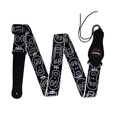 Abbildung von Rayzm Gitarrengurt/Bass Gurt, Polyester Tragegurt für Akustik/Elektro Gitarre oder Bass Inclusive Plektrum Halter und Coolem Totenkopf Design, 5cm Breit, Länge von 97 bis 155cm Verstellbar