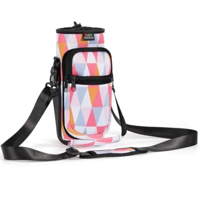 Abbildung von Nuovoware Flaschenhalter Trinkflasche Molle Beutel 25oz/710ml, Isolierte Neopren Kessel mit Schultergurt und Front Reißverschluss Tasche für Wandern Laufen Radfahren Jagd Reisen, Rosa Rautenförmig