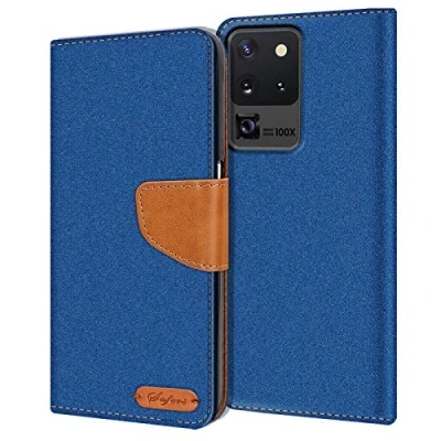 Abbildung von Verco kompatibel mit Samsung Galaxy S20 Ultra Hülle, Schutzhülle für Tasche Denim Textil Book Case Flip Klapphülle Blau