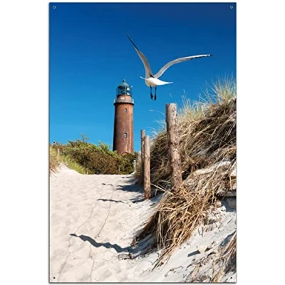 Abbildung von Wallario Outdoor Poster für Garten oder Balkon Möwe am Strand mit Leuchtturm, Motivbanner Größe: ca. 60 x 90 cm, Bild