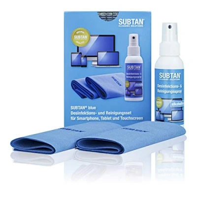 Abbildung von SUBTAN Blue Set 100 ml Desinfektions und Reinigungs Spray zum Desinfizieren ohne Alkohol Reinigen von Smartphone, Tablet, Laptop Touchscreen + 2 x Premium Microfaser Tuch 30 38 cm
