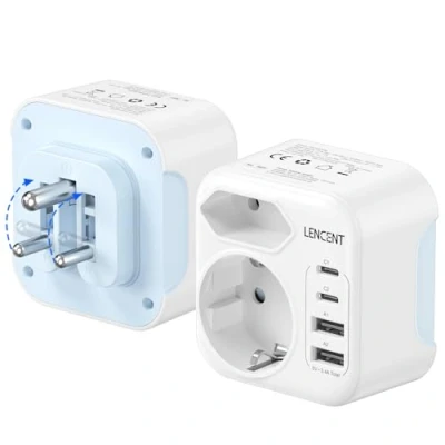 Abbildung von LENCENT Reiseadapter IN Adapter Indien Deutschland Stecker, Typ D, Klappbarer Reisestecker mit 2 USB C&amp;2 A Anschlüße, EU Schuko auf für Sri Lanka, Indien, Nepal Steckdosen