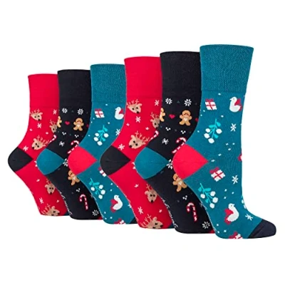 Abbildung von Gentle Grip 6er Pack Damen Weihnachtssocken Bunte Atmungsaktiv Neuheit Lustige Muster Socken Ohne Gummi Geschenk (37 42, Blau / rot grau)