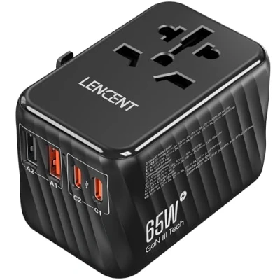 Abbildung von LENCENT Internationaler Reiseadapter, 65W GaN3 Universeller Adapter mit 2 PD3.0 Type C+2 QC USB A, Weltweiter Stromadapter, All in One Reisestecker für EU/USA/UK/AU Steckdosen, Schwarz