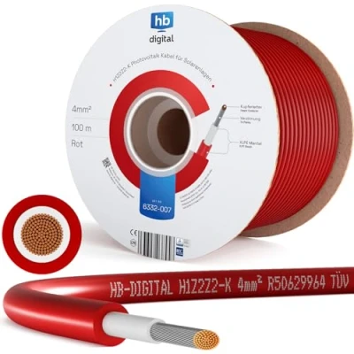 Abbildung von HB DIGITAL 100m Solarkabel H1Z2Z2 K inkl. 0% MwSt. gem. § 12 Abs. 3 UStG TÜV Rheinland zertifiziertes 4mm² flexibel UV PV Kabel reines Kupfer 1500V DC für Solarpanel Rot
