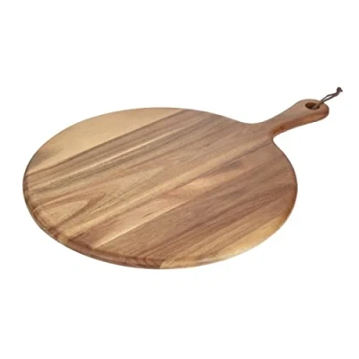Abbildung von Olympia Holz Rundes Pizzabrett 355 mm, Akazienholz, Pizzaschneidebrett, Rustikales aus Holz, Serviertablett, Lederanhänger zum Aufhängen Restaurant, Bar, Kneipe, Hausgebrauch, GM262