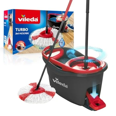 Abbildung von Vileda TURBO Wischmopp Komplett Set, Bodenwischer mit Mikrofaser Moppkopf, Teleskopstiel (58 123cm), Eimer Schleuder und Fußpedal, für alle Böden, nachhaltiges Wischsystem, Eco Verpackung