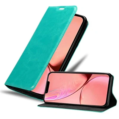 Abbildung von Cadorabo Hülle kompatibel mit Apple iPhone 13 aus Premium Kunst Leder Flip Klappbare Stoßfeste Magnetische [Standfunktion] [Kartenfächern] Cover für Tasche in Türkis