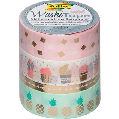Abbildung von folia Deko Klebeband 15 mm x 5 m 4 Motive rosa, grün gold