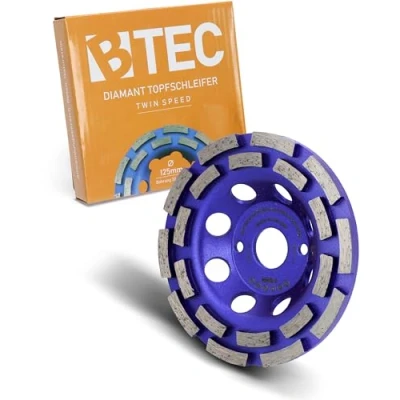 Abbildung von BTEC Twin Speed Diamant Schleiftopf für Beton, Naturstein, Fliesenkleber, Granit, Estrich &amp; Mauerwerk Topfschleifer Ø 125 mm + Bohrung 22,23 Schleifscheibe doppelreihig Winkelschleifer