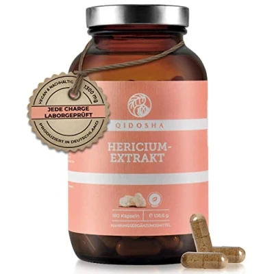 Abbildung von QIDOSHA® Hericium Erinaceus 30:1 Extrakt Kapseln hochdosiert, 180 Stk, 1300 mg Vitalpilz pro Tagesdosis, Premium Dual Extrakt, Igelstachelbart Kapseln, Löwenmähne Pilz, lions mane