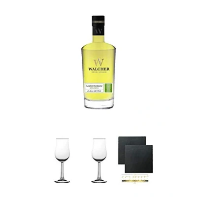 Abbildung von Walcher Bio Limoncello Edelbrand 25% Südtirol 0,7 Liter + Nosing Gläser Kelchglas Bugatti 2 Stück Schiefer Glasuntersetzer