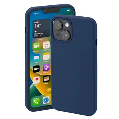 Abbildung von Hama Hülle für Apple iPhone 14 Plus (Handyhülle schützt vor Stößen, Kratzern und Schmutz, Schutzhülle ermöglicht induktives Laden, seidig mattes Case aus TPU mit weichem Innenfutter) blau