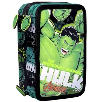 Abbildung von Clondo Hulk Avengers Federtasche, Federmäppchen, 3 stöckig gefüllt 44 Teilen für die Schule, 20 cm