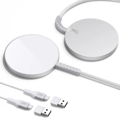 Abbildung von ESR HaloLock Mini kabelloses Ladegerät, kompatibel mit MagSafe für iPhone 16/15/14/13 Serie, Airpods 4, starker Magnetverschluss, verstärktes Nylonkabel, 2 Stück, Silber