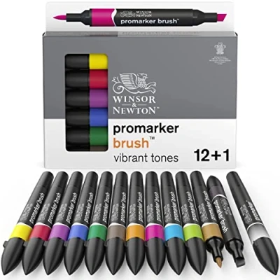 Abbildung von Winsor &amp; Newton 0290145 ProMarker Brush für Zeichnungen, Kalligraphie, Design und Layouts, streifenfreies Zeichnen mit Keil Pinselspitze) 13 Farben Set Lebendige Töne