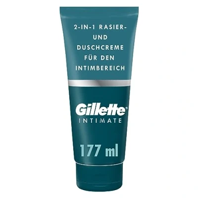 Abbildung von Gillette Body &amp; Intimate 2 in 1 Rasier und Duschcreme, sanfte Formel, formuliert für die Körper Intimbehaarung, mit Aloe, frei von Parabenen, 177ml