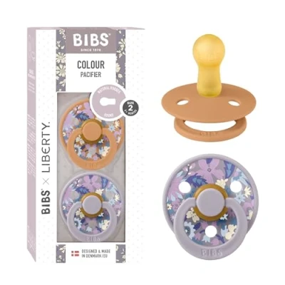 Abbildung von BIBS Liberty Schnuller 2 farbiger Naturkautschuklatex Größe (6 18 Monate) BPA freier runder Nippel entworfen &amp; hergestellt in Dänemark Juni Blossom Pumpkin Mix