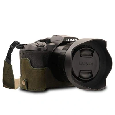 Abbildung von MegaGear MG1685 Ever Ready Echtleder Kameratasche mit Trageriemen kompatibel Leica V Lux 5, Panasonic Lumix DC FZ1000 II Khaki Green